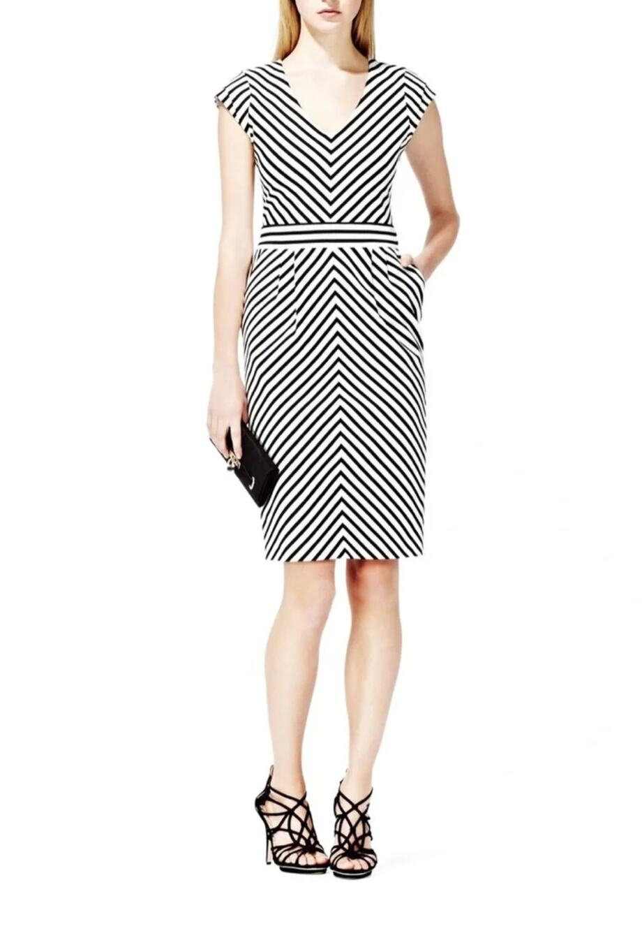 Reiss Womens 2 Black White Stripe Viscose Stretch Luxury Midi Dress Pockets